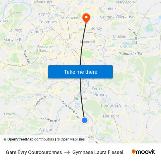 Gare Évry Courcouronnes to Gymnase Laura Flessel map