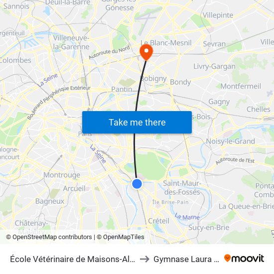 École Vétérinaire de Maisons-Alfort - Métro to Gymnase Laura Flessel map