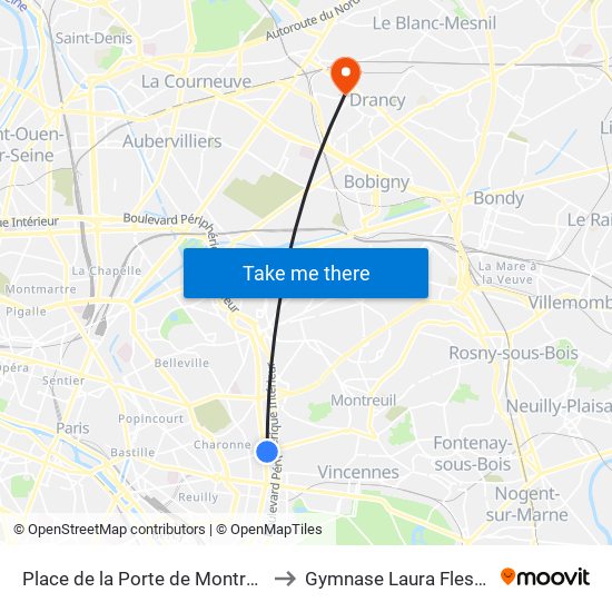 Place de la Porte de Montreuil to Gymnase Laura Flessel map