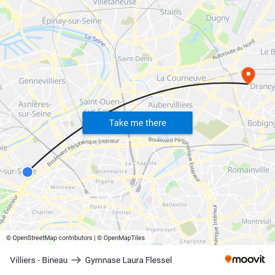 Villiers - Bineau to Gymnase Laura Flessel map