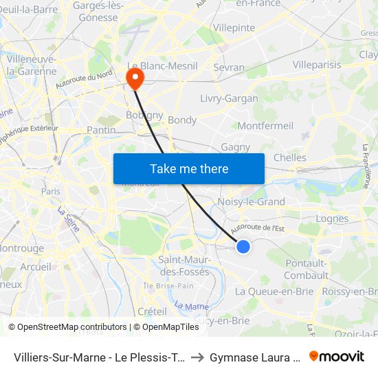 Villiers-Sur-Marne - Le Plessis-Trévise RER to Gymnase Laura Flessel map