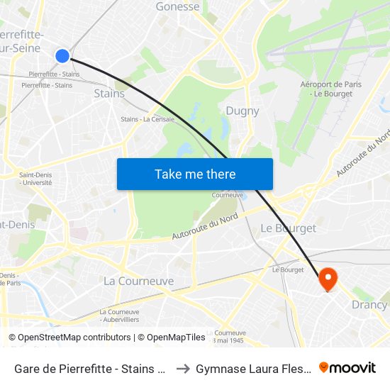 Gare de Pierrefitte - Stains RER to Gymnase Laura Flessel map