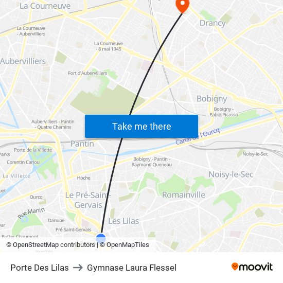 Porte Des Lilas to Gymnase Laura Flessel map
