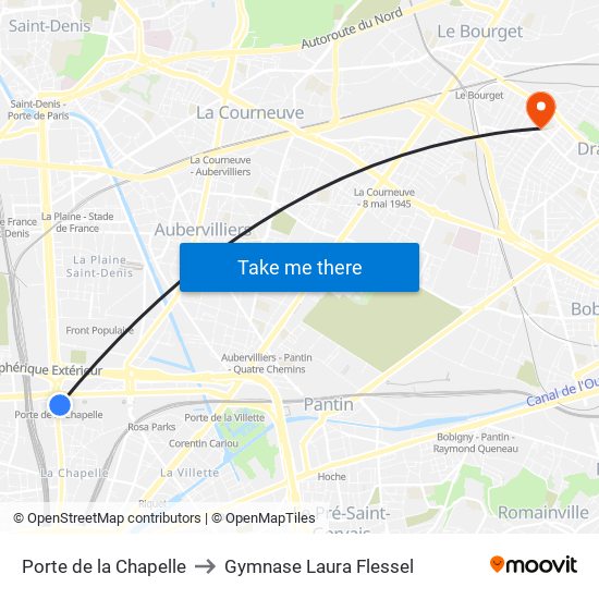 Porte de la Chapelle to Gymnase Laura Flessel map