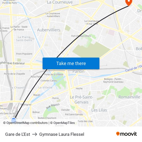 Gare de L'Est to Gymnase Laura Flessel map