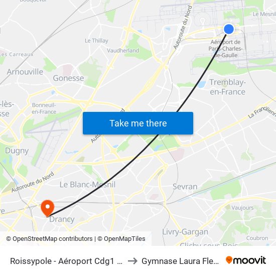 Roissypole - Aéroport Cdg1 (D1) to Gymnase Laura Flessel map