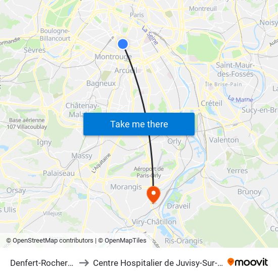 Denfert-Rochereau to Centre Hospitalier de Juvisy-Sur-Orge map