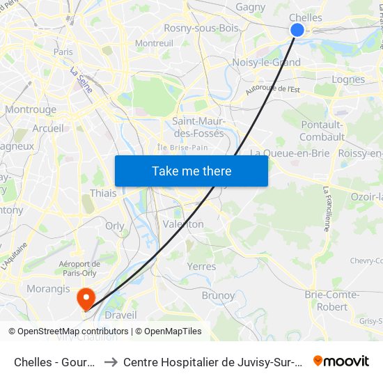 Chelles - Gournay to Centre Hospitalier de Juvisy-Sur-Orge map