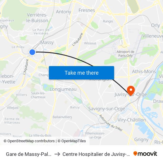 Gare de Massy-Palaiseau to Centre Hospitalier de Juvisy-Sur-Orge map