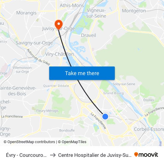 Évry - Courcouronnes to Centre Hospitalier de Juvisy-Sur-Orge map