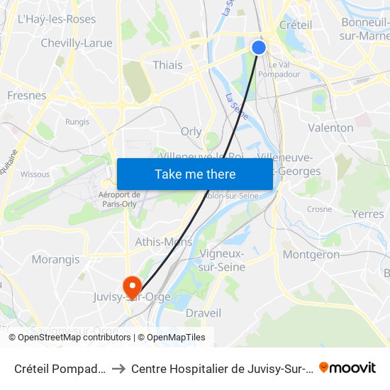 Créteil Pompadour to Centre Hospitalier de Juvisy-Sur-Orge map
