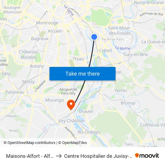 Maisons-Alfort - Alfortville to Centre Hospitalier de Juvisy-Sur-Orge map