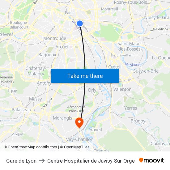 Gare de Lyon to Centre Hospitalier de Juvisy-Sur-Orge map