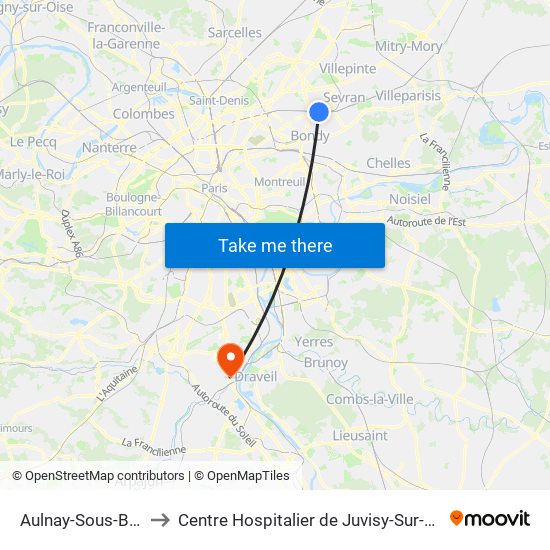 Aulnay-Sous-Bois to Centre Hospitalier de Juvisy-Sur-Orge map