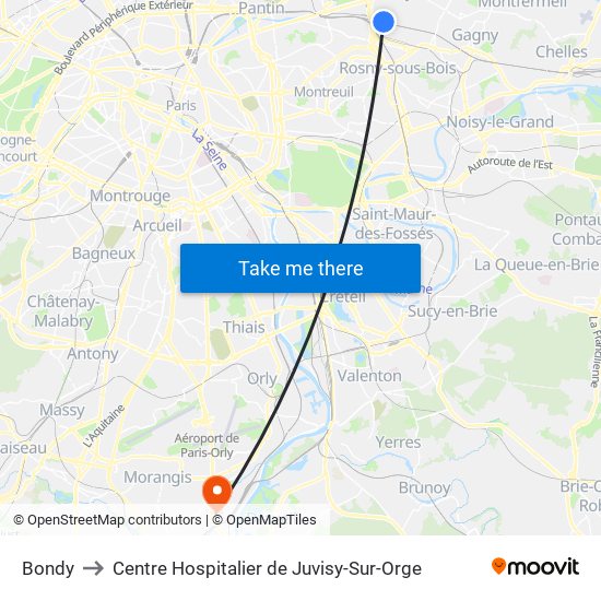 Bondy to Centre Hospitalier de Juvisy-Sur-Orge map