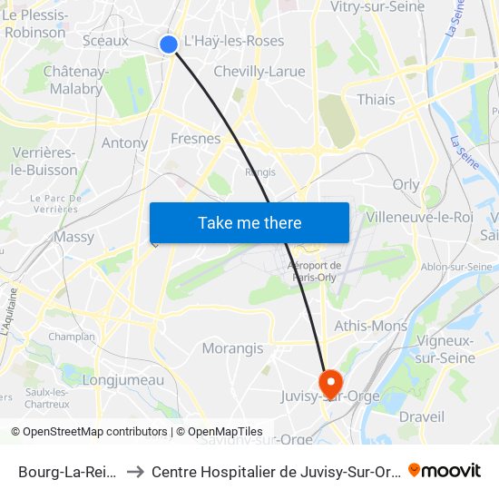 Bourg-La-Reine to Centre Hospitalier de Juvisy-Sur-Orge map