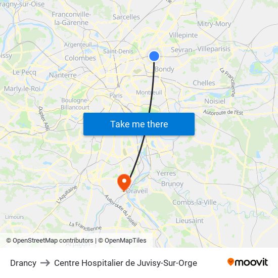 Drancy to Centre Hospitalier de Juvisy-Sur-Orge map