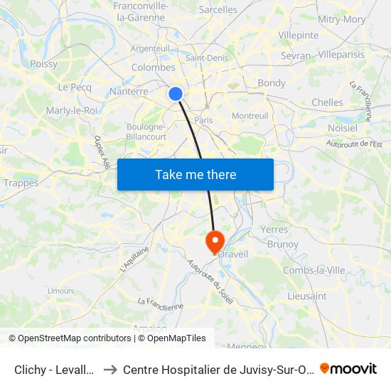 Clichy - Levallois to Centre Hospitalier de Juvisy-Sur-Orge map