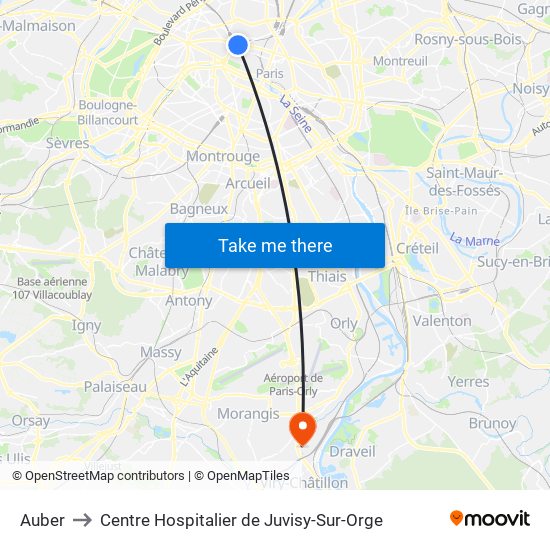 Auber to Centre Hospitalier de Juvisy-Sur-Orge map