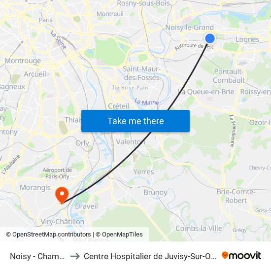 Noisy - Champs to Centre Hospitalier de Juvisy-Sur-Orge map