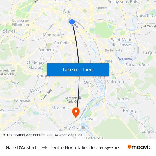 Gare D'Austerlitz to Centre Hospitalier de Juvisy-Sur-Orge map