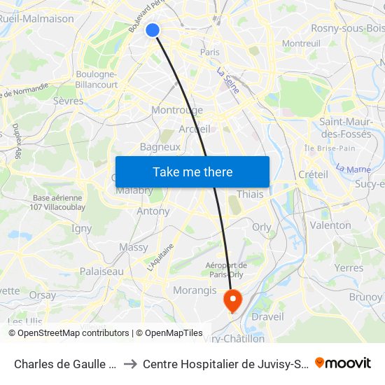 Charles de Gaulle Etoile to Centre Hospitalier de Juvisy-Sur-Orge map
