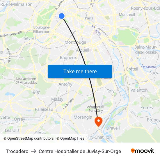 Trocadéro to Centre Hospitalier de Juvisy-Sur-Orge map