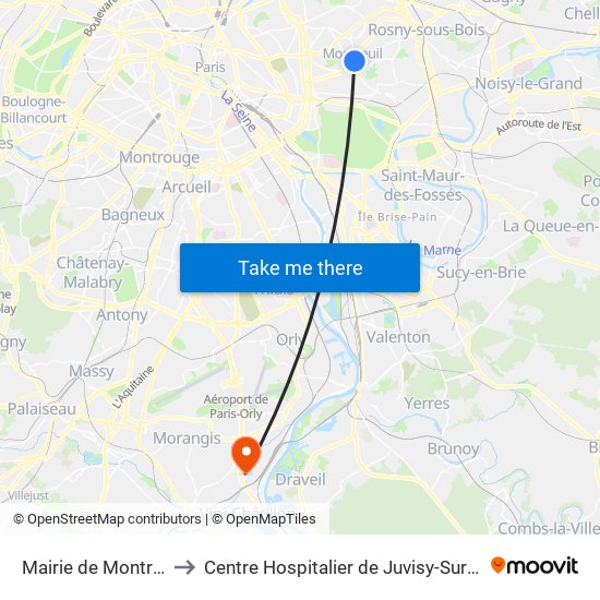 Mairie de Montreuil to Centre Hospitalier de Juvisy-Sur-Orge map