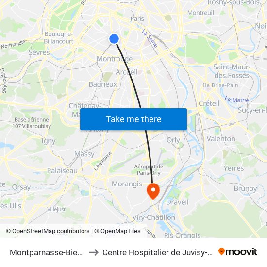 Montparnasse-Bienvenue to Centre Hospitalier de Juvisy-Sur-Orge map