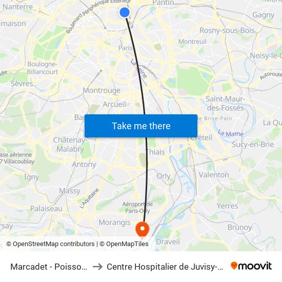 Marcadet - Poissonniers to Centre Hospitalier de Juvisy-Sur-Orge map