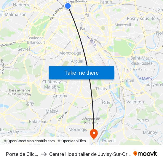 Porte de Clichy to Centre Hospitalier de Juvisy-Sur-Orge map