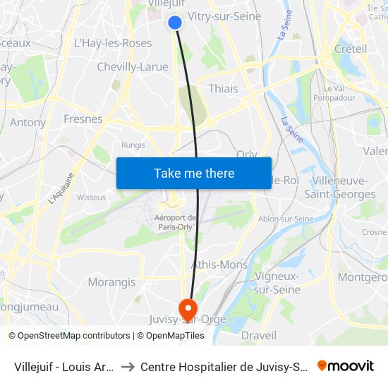 Villejuif - Louis Aragon to Centre Hospitalier de Juvisy-Sur-Orge map