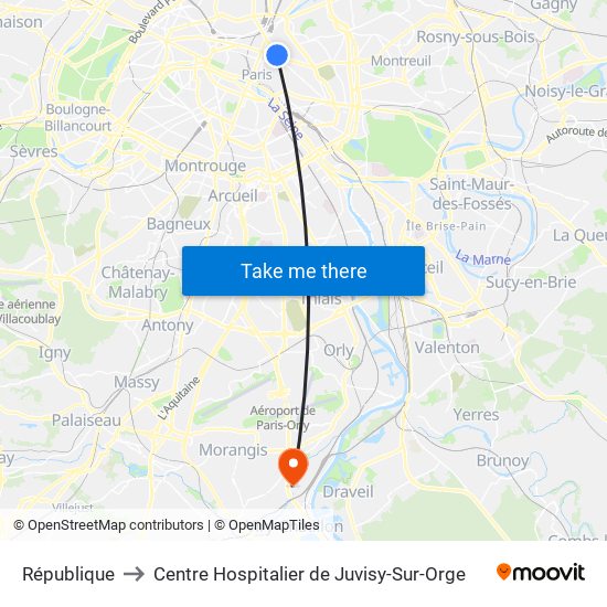 République to Centre Hospitalier de Juvisy-Sur-Orge map