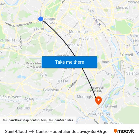 Saint-Cloud to Centre Hospitalier de Juvisy-Sur-Orge map