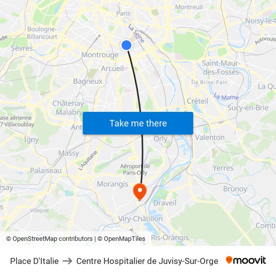 Place D'Italie to Centre Hospitalier de Juvisy-Sur-Orge map