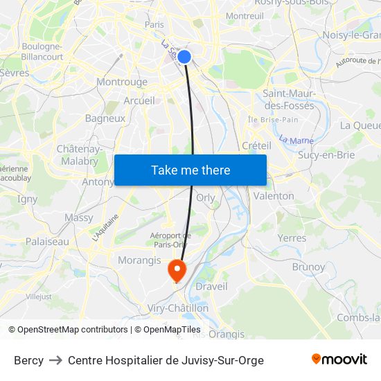 Bercy to Centre Hospitalier de Juvisy-Sur-Orge map