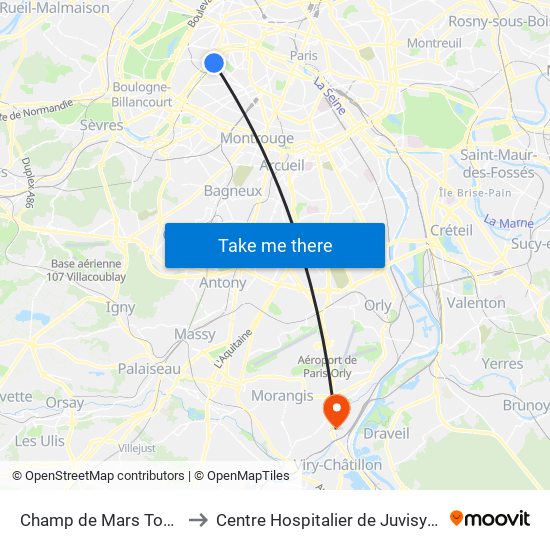 Champ de Mars Tour Eiffel to Centre Hospitalier de Juvisy-Sur-Orge map