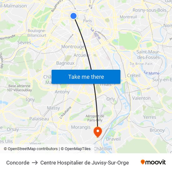 Concorde to Centre Hospitalier de Juvisy-Sur-Orge map