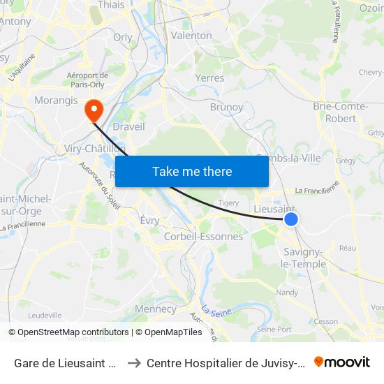 Gare de Lieusaint Moissy to Centre Hospitalier de Juvisy-Sur-Orge map