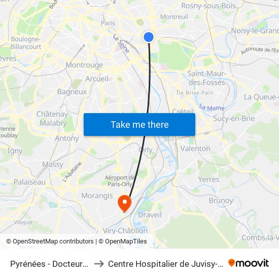 Pyrénées - Docteur Netter to Centre Hospitalier de Juvisy-Sur-Orge map