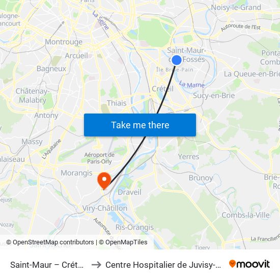 Saint-Maur – Créteil RER to Centre Hospitalier de Juvisy-Sur-Orge map