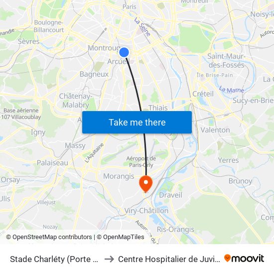 Stade Charléty (Porte de Gentilly) to Centre Hospitalier de Juvisy-Sur-Orge map