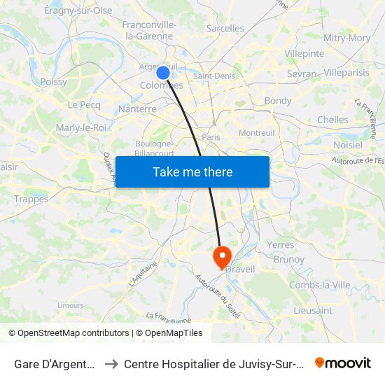 Gare D'Argenteuil to Centre Hospitalier de Juvisy-Sur-Orge map