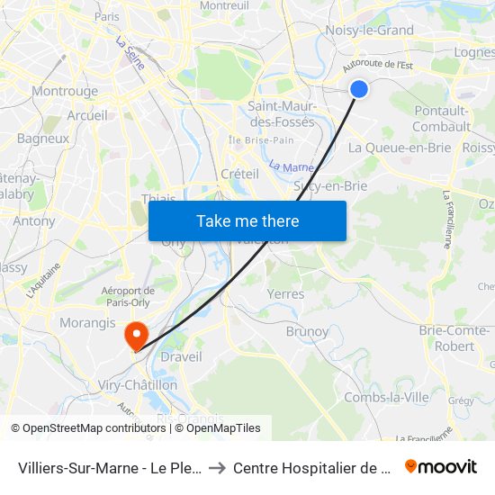 Villiers-Sur-Marne - Le Plessis-Trévise RER to Centre Hospitalier de Juvisy-Sur-Orge map