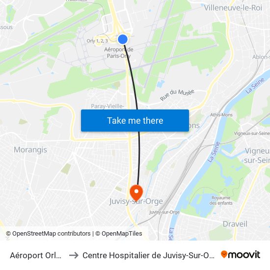 Aéroport Orly 4 to Centre Hospitalier de Juvisy-Sur-Orge map
