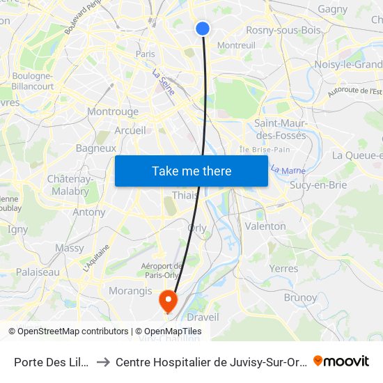 Porte Des Lilas to Centre Hospitalier de Juvisy-Sur-Orge map