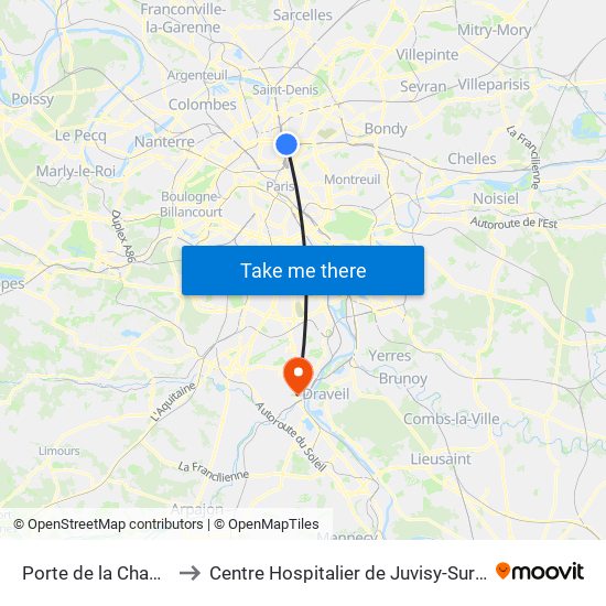 Porte de la Chapelle to Centre Hospitalier de Juvisy-Sur-Orge map