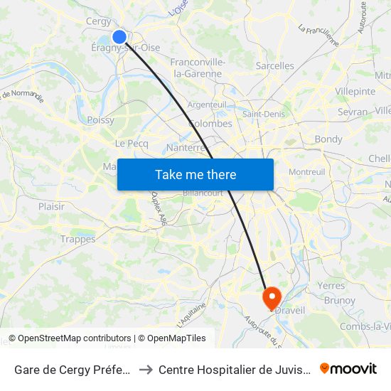 Gare de Cergy Préfecture (C) to Centre Hospitalier de Juvisy-Sur-Orge map