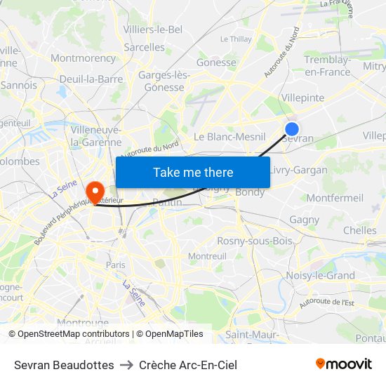 Sevran Beaudottes to Crèche Arc-En-Ciel map