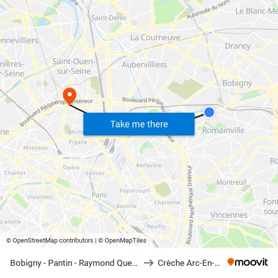 Bobigny - Pantin - Raymond Queneau to Crèche Arc-En-Ciel map